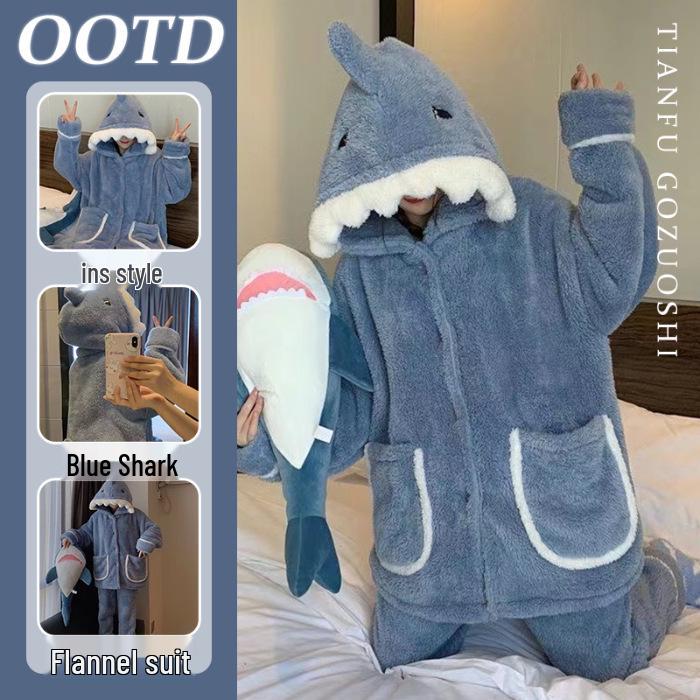 Women's Cute Shark Hooded Pajamas: Thickened Coral Fleece for Warmth, Perfect for Winter Lounging and Outdoor Wear.