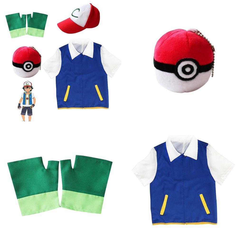 Pokemon Ash Ketchum Cosplay Costume Full Set Adults Jacket Gloves Hat Halloween High Quality Elastic Soft Polyester Material