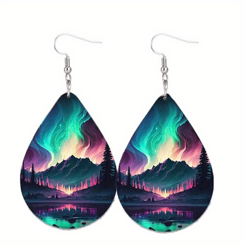 Colorful Aurora & Ocean Sunrise Pattern PU Faux Leather Earrings Women's Fashion Water Drop Dangle Earrings