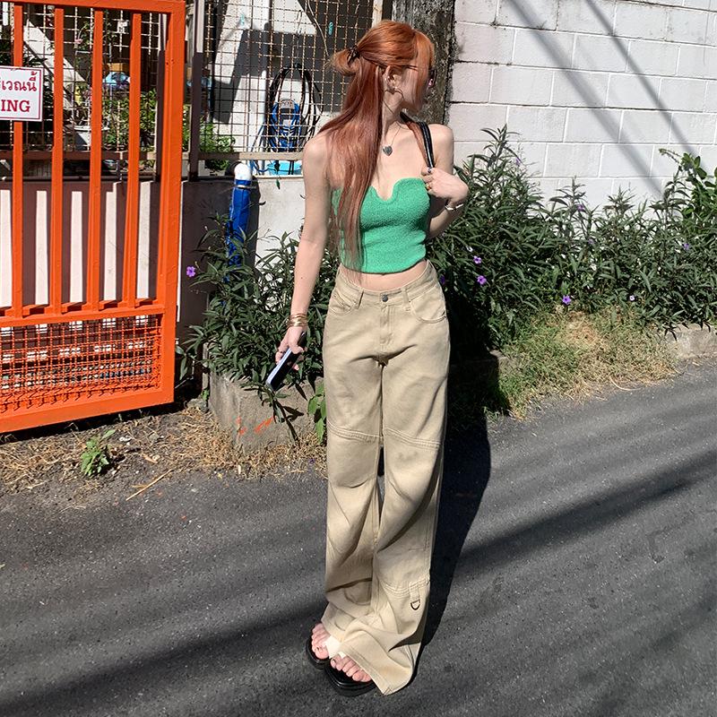 

Женские ретро джинсы цвета хаки с высокой посадкой и широкими штанинами Small