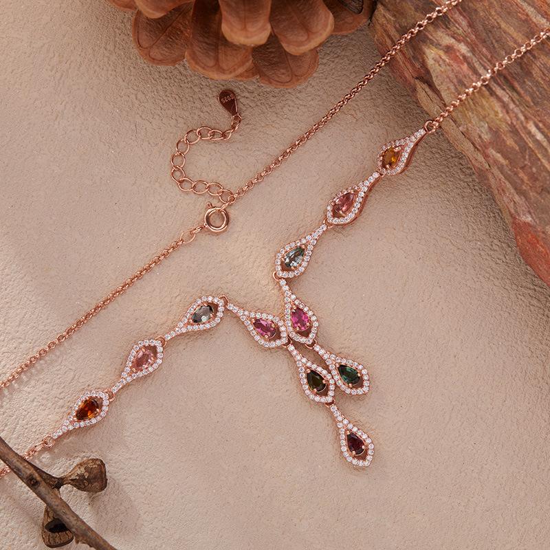 Natural Tourmaline Color Treasure Jewelry Set Chain Necklace Women'S S925 Silver Rose Gold Xiaohongshu Wechat Channels