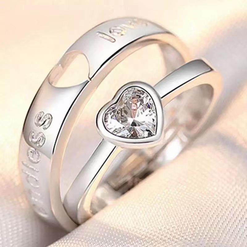 2Pcs Simple Light Luxury Zircon Couple Paired Rings For Women Men Opening Adjustable Rings Wedding Anniversary Jewelry Gift
