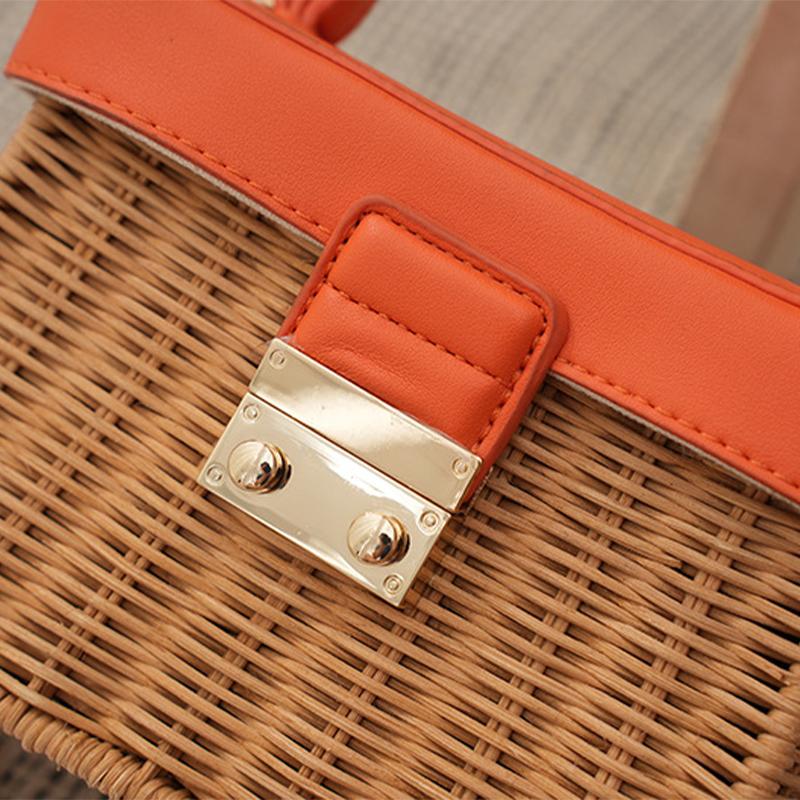 Trend Women's Straw Square Bags Handmade Woven Tote PU Leather Top Handle Rattan Purses Boxes Lady Summer Beach Basket Bags