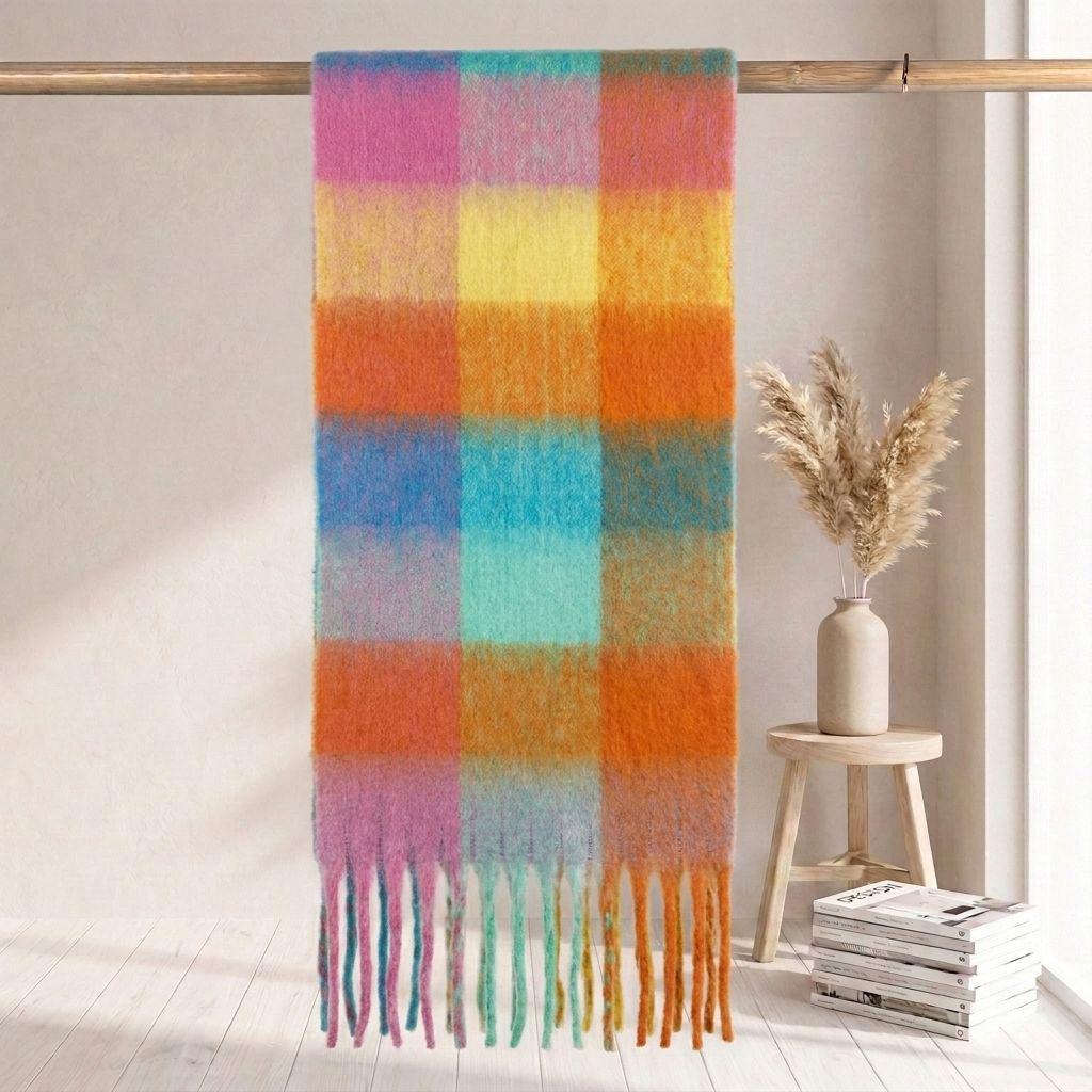 Women's High-Grade Colorful Plaid Mohair Scarf - Thick, Warm, and Versatile for Winter