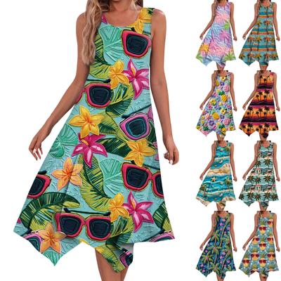 Women's Casual Fashion Round Neck Sleeveless Print Irregular Hem Midi Dress