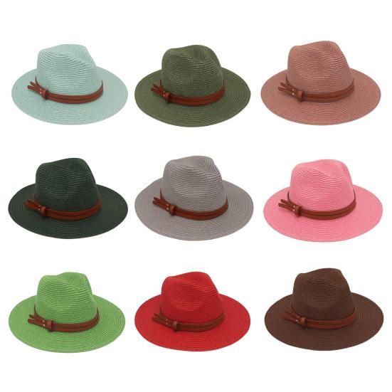 Women Jazz Hat Wide Brim Faux Leather Belt Decor Beach Straw Hat Adjustable Size UV Protection Foldable Summer Hat