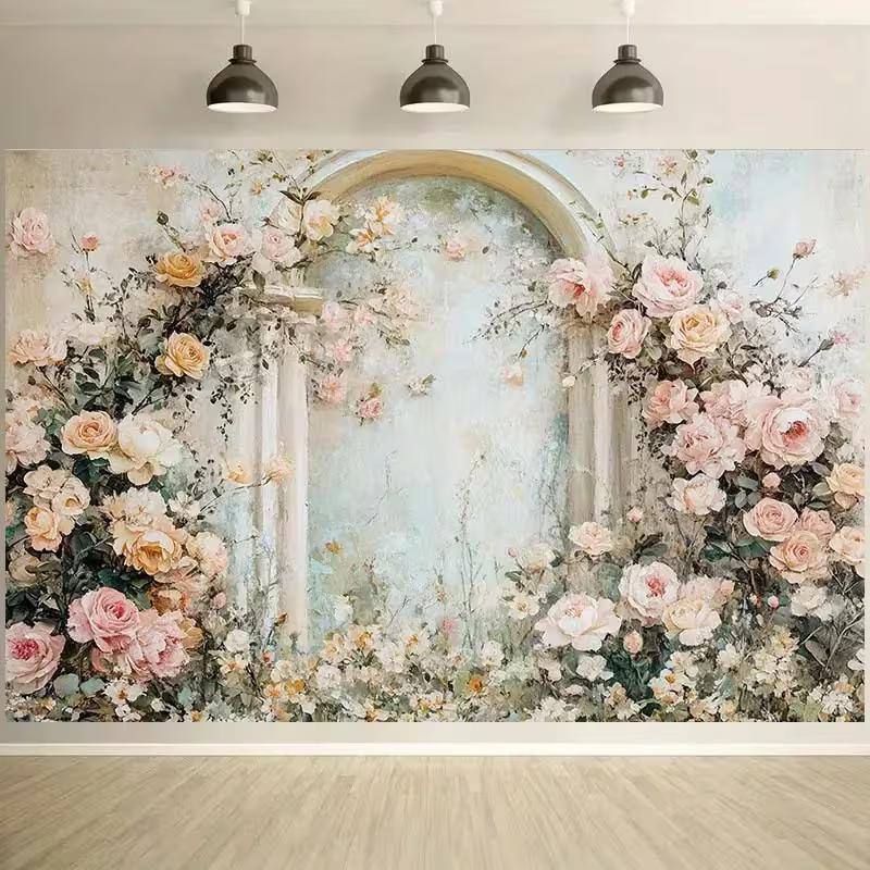 2D Vintage Floral Arch Backdrop Pastel Rose Photography Background 47.2x31.5inch/120*80cm