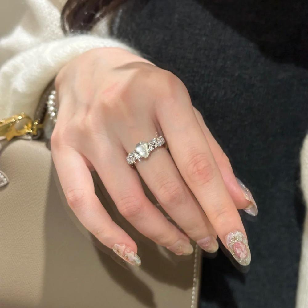 Natural Chalcedony Gourd Open Ring Women Elegant Chinese Design Full Inlaid Water Jade Female Ring