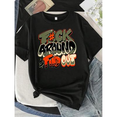 AROUND Letter Pattern Round Neck Plus Size Women T-shirt Short Sleeve Trend Printing Elastic Half Sleeve T-shirt
