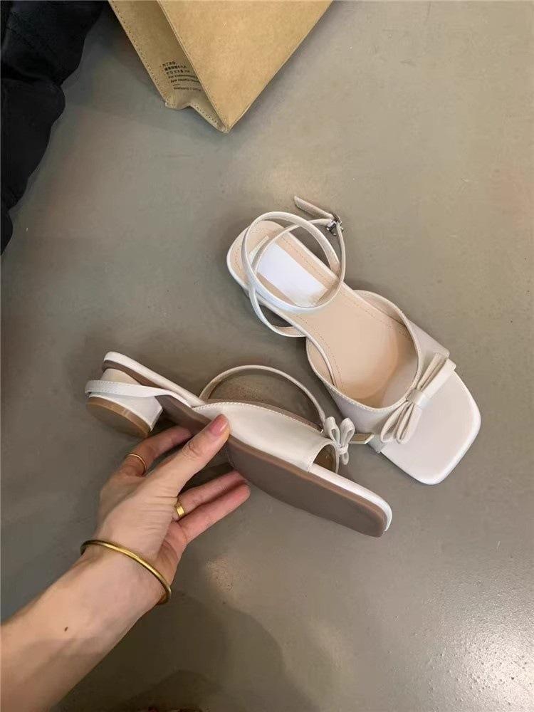 French bow design sense niche sweet square head sandals women's summer wear one word thin belt thick heel