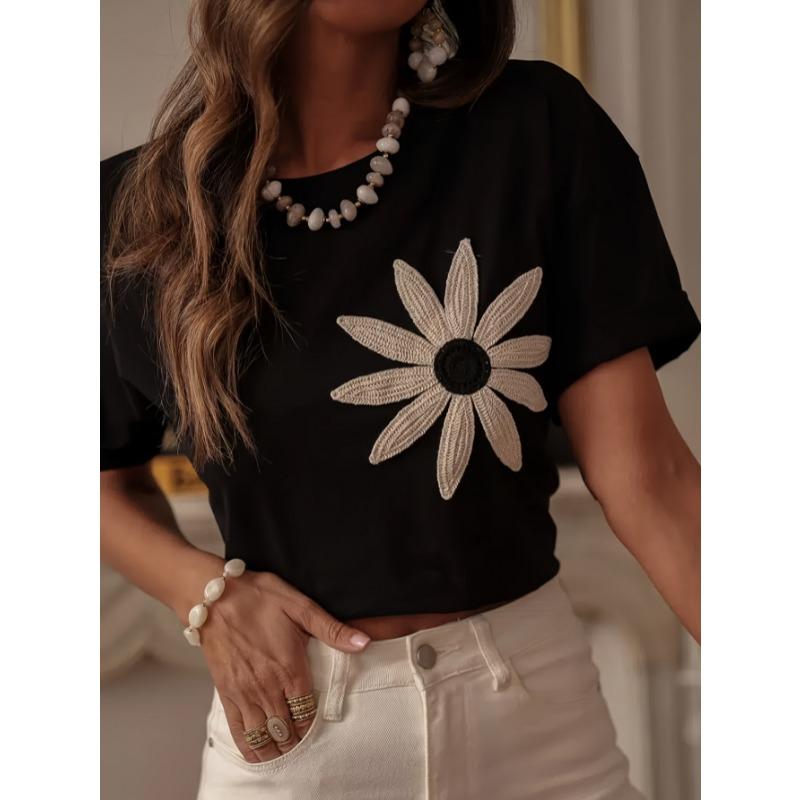

Summer Flower Embroidery Loose Women Blouse Round Neck Short Sleeved T-shirt Fashion Elegant Casual Tops Sweet Simple Office Black Shirts XXL чорний