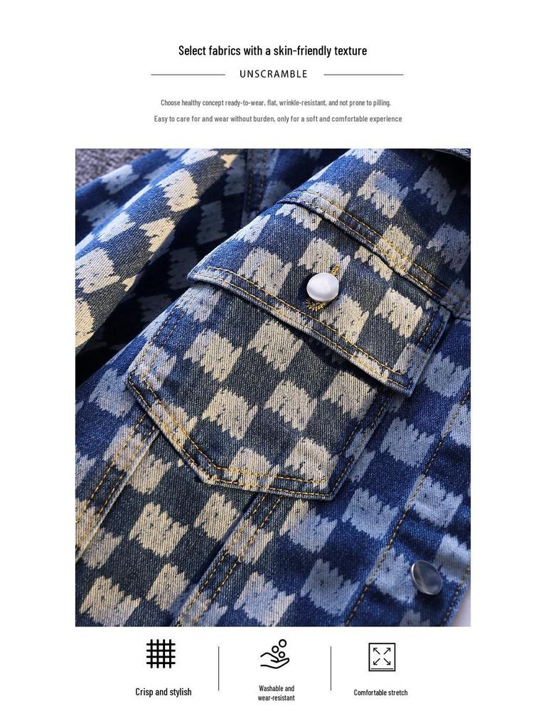 Men's Trendy Loose Plaid Print Denim Jacket Shirt - Douyin Bestseller