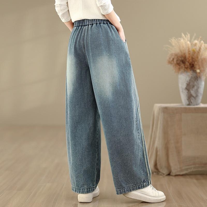 Women's Plus Size Casual High Waist Wide Leg Jeans Elastic Loose Slimming Straight Cut Denim Pants Versatile Loose Fit