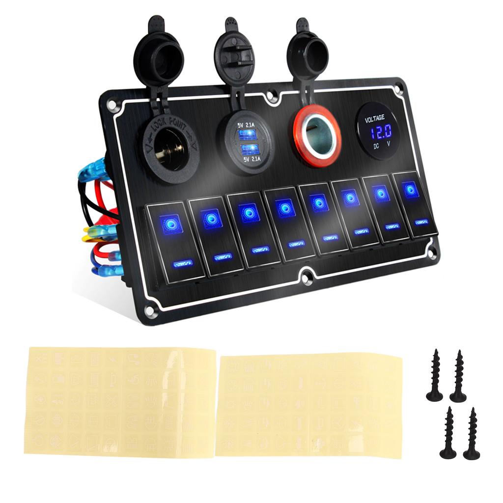 8 Gang Rocker Switch Panel 12 to 24V 2 Blue LEDs with DIY Sticker 5 Pin Waterproof for Cars RVs Yachts Ships