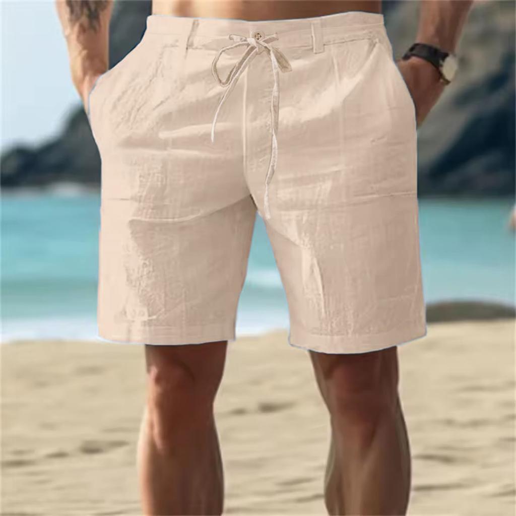 Men's Casual Cotton Linen Shorts Summer Breathable Solid Color Elastic Waist Drawstring Trousers Streetwear Activewear S-3XL