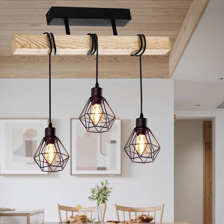 Black Wooden Art Pendant Lamp with 3 or 6 Heads for Restaurant, Coffee Shop, and Bar Counter