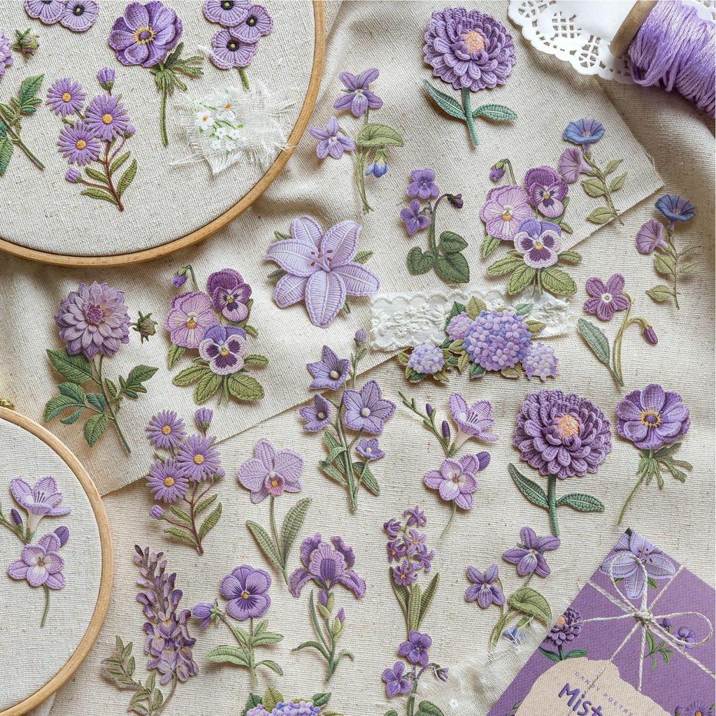 Sugar Poetry Floral Fabric Stickers: Retro Plant Embroidery, DIY Journal & Scenery Collage Pack.