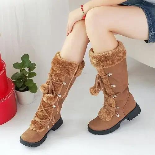 Fashion 2025 Cute Hairball Women's Comfort Fluffy Boots Suede Stitching Knee Length Winter Warm Snow Boots Classic Vintage Ladies Shoes