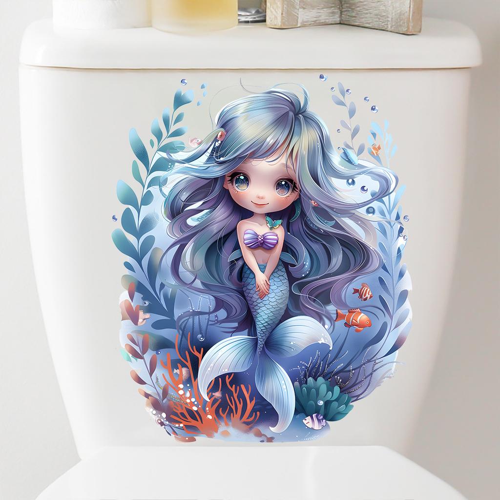 Cartoon Mermaid & Coral Toilet Seat Stickers, Waterproof Removable Self-Adhesive Bathroom Decals