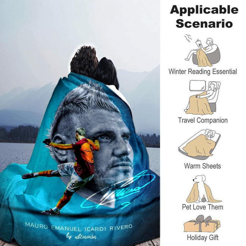 Blue Football Player Portrait Shooting Print Flannel Throw Blanket, Soft Warm Cozy Bed Sofa Cover for Sports Fan Home