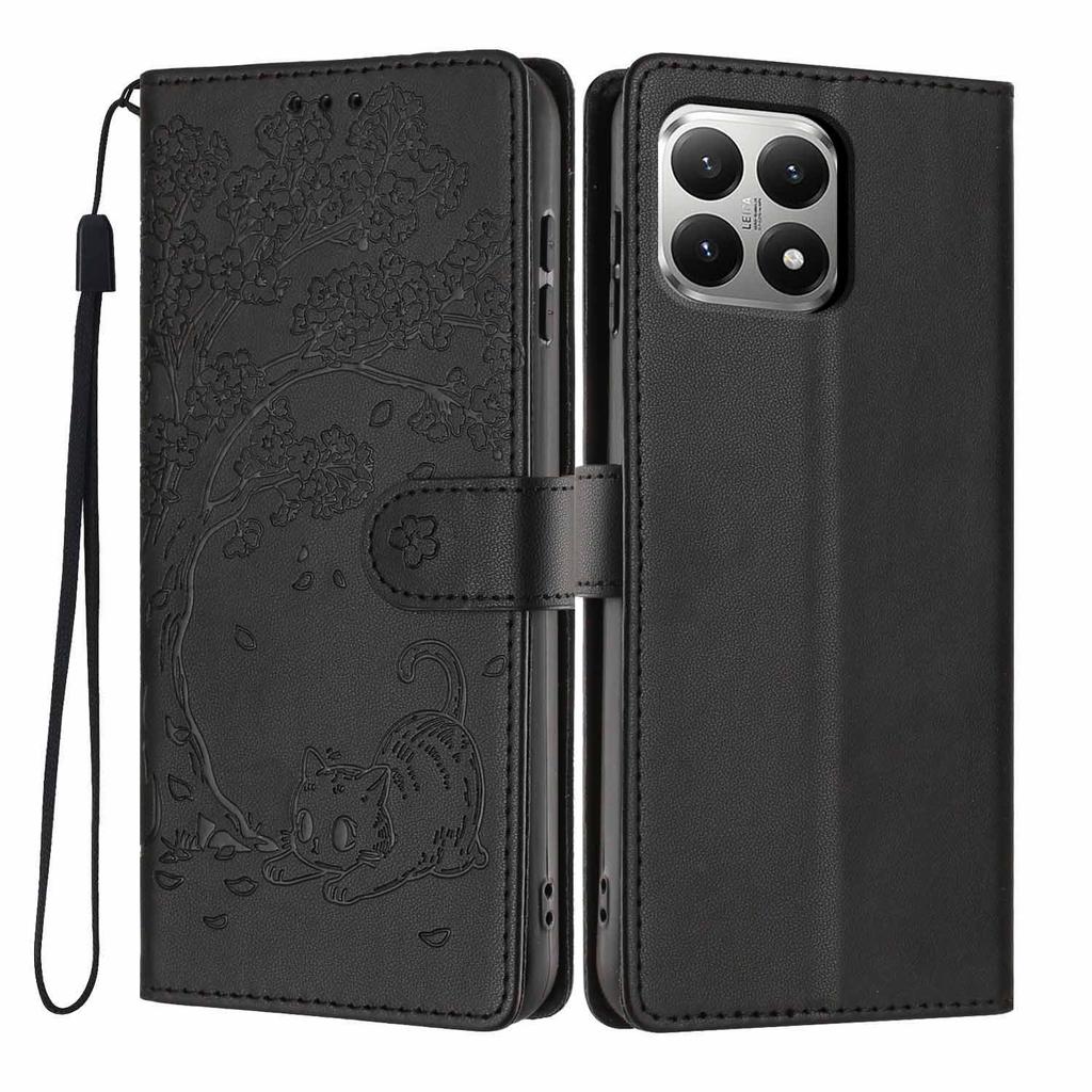 For Xiaomi 15T Stand Case Tree-and-Cat Pattern PU Leather Wallet Protective Phone Cover with Wrist Strap