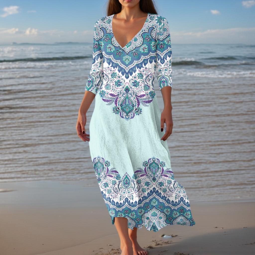 Dresses For Womens Vintage Print Tunic Waisted Midi Dress Summer Casual 3/4 Sleeve Dress