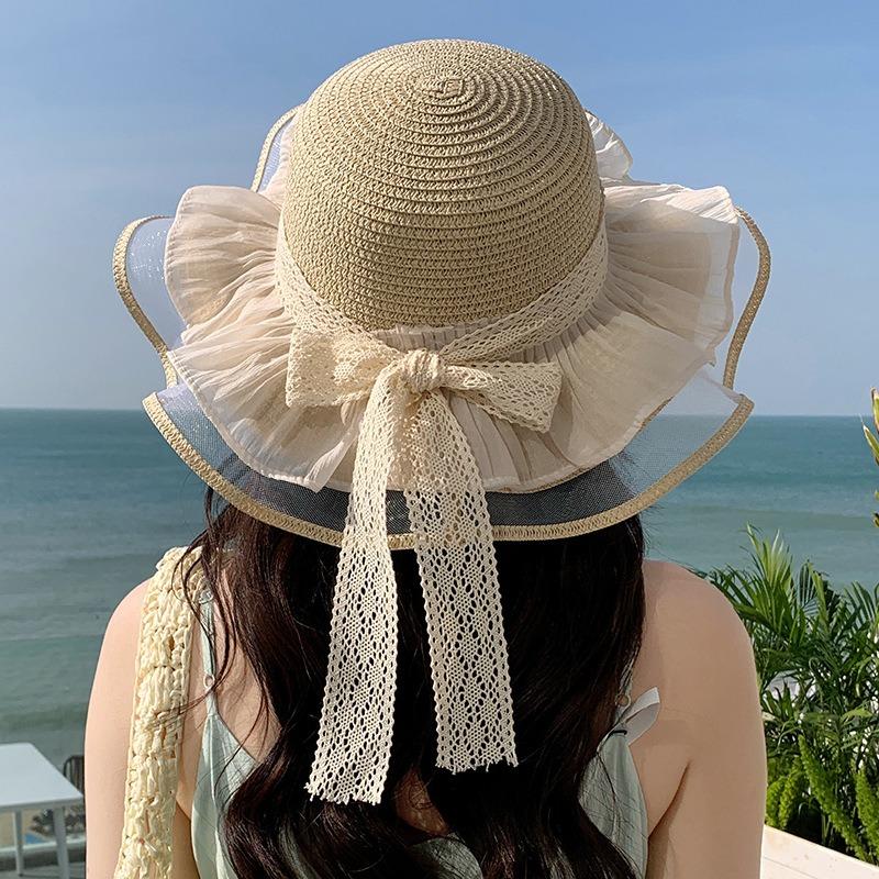 Summer Bow Sun Hat Female, Seaside Beach Vacation Sun Hat Outdoor Big Brim Sun Hat Sweet Straw Hat