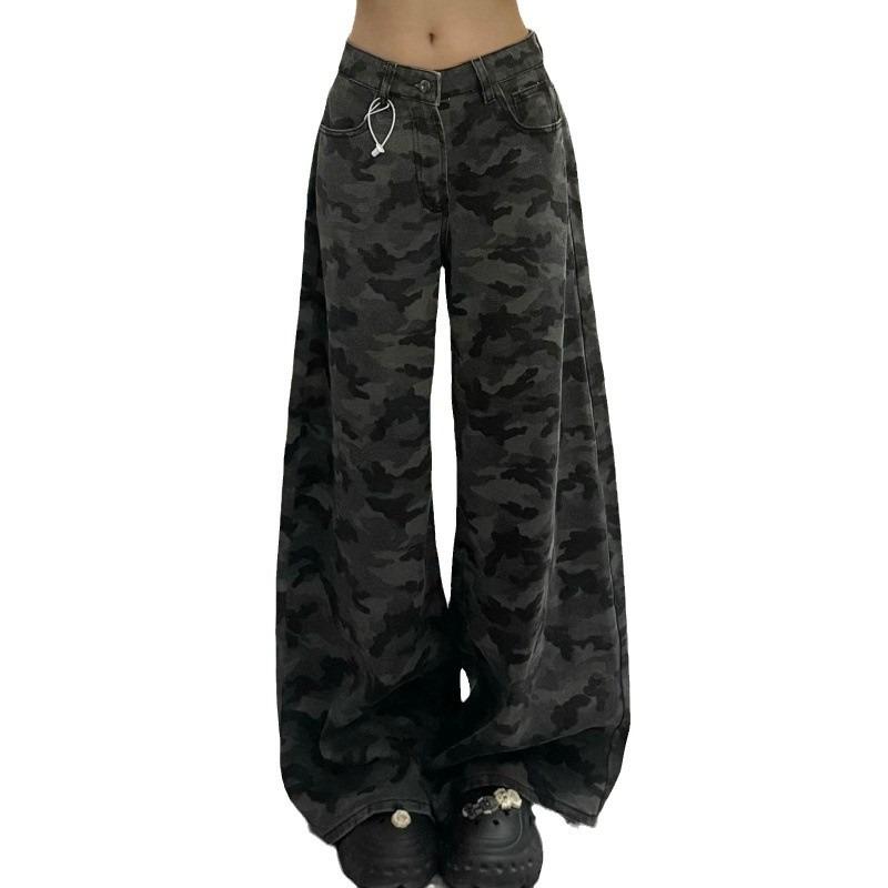 Tooling Camouflage High Waist New Jeans Women's Retro Autumn and Winter Design Loose Wide Legs Thin Floor Pants