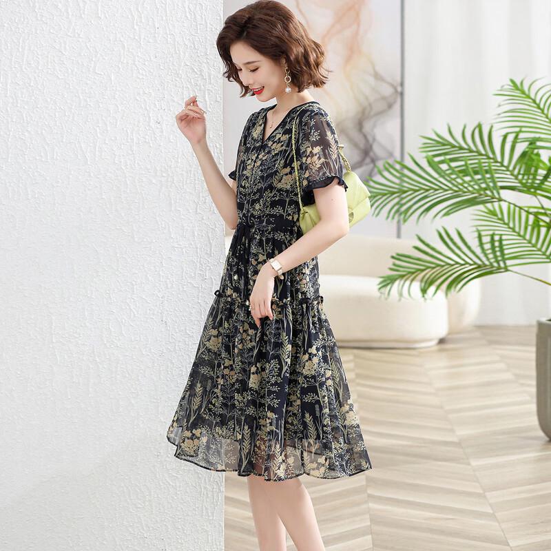 Women's Chiffon Floral Short-Sleeve Midi Dress