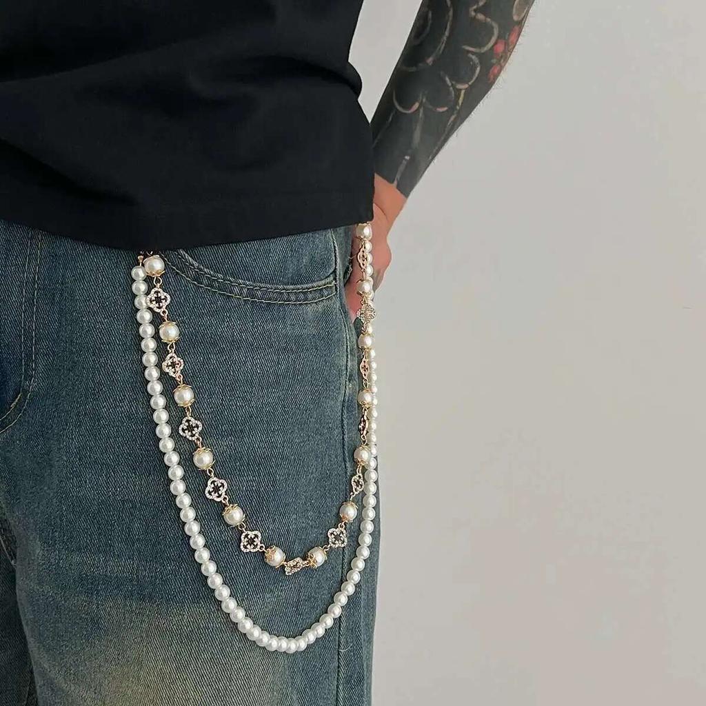IngeSight.Z Exquisite mitation Pearl Rhinestone Flower Jeans Pants Chain Men 2026 New Gold Color WalletKey Chain Hip Hop Jewelry