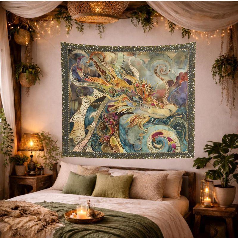 Watercolor Dragon Cloud Swirl Decor Wall Tapestry Colorful Asian Serpent Ornate Frame Oriental Art Bedroom Living Room