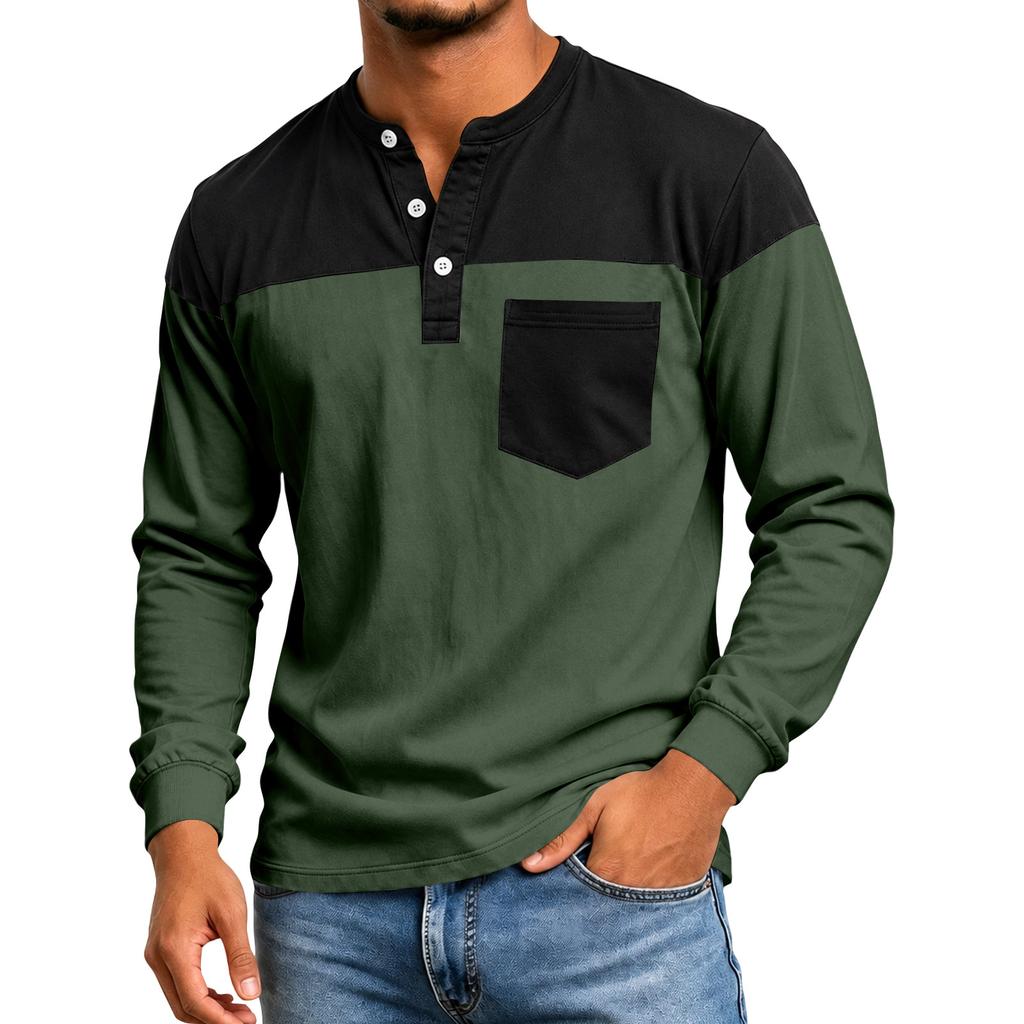 Men's Color Block Long Sleeve Shirt Casual Top for Spring and Fall