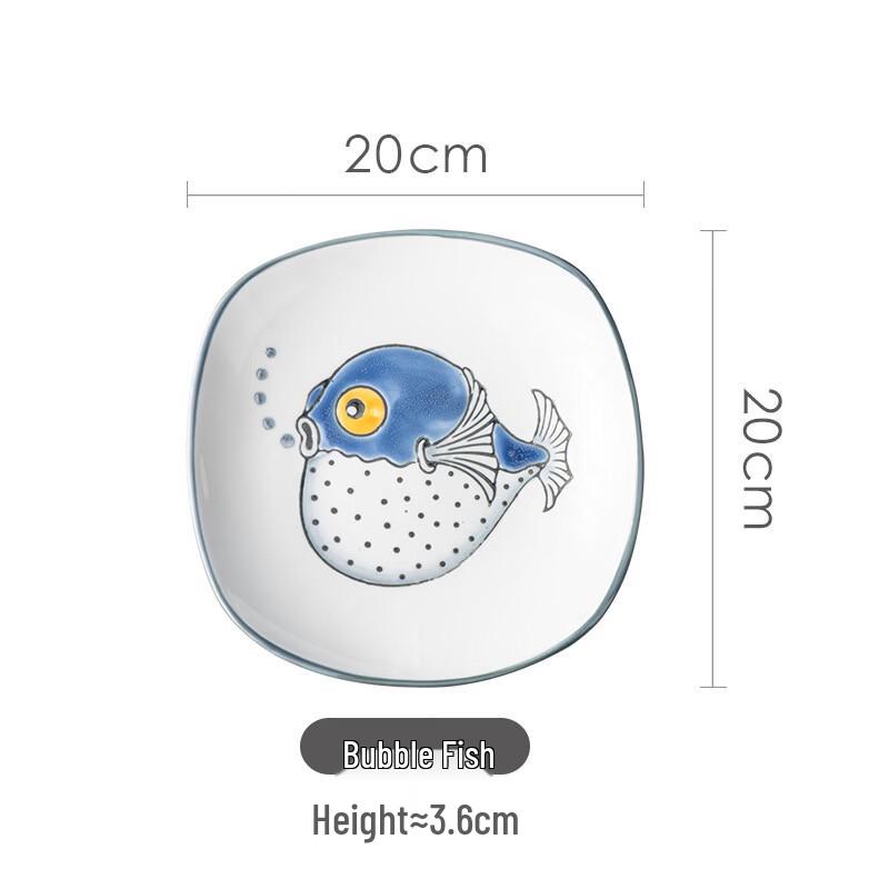 Abay Japanese Hand-Painted Ceramic Deep Square Plate - Bubble Fish