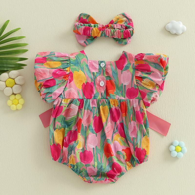 

Summer Newborn Baby Clothes Infant Girls Romper Flower Short Sleeve Jumpsuit with Headband Toddler Clothing 66