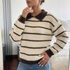 Womens Striped Contrast Color Collar Sweater Loose Casual Long Sleeve Knit Top