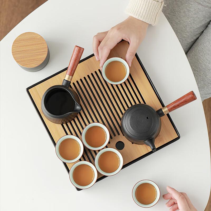 Ceramic Kung Fu Tea Set with Bamboo Tea Tray