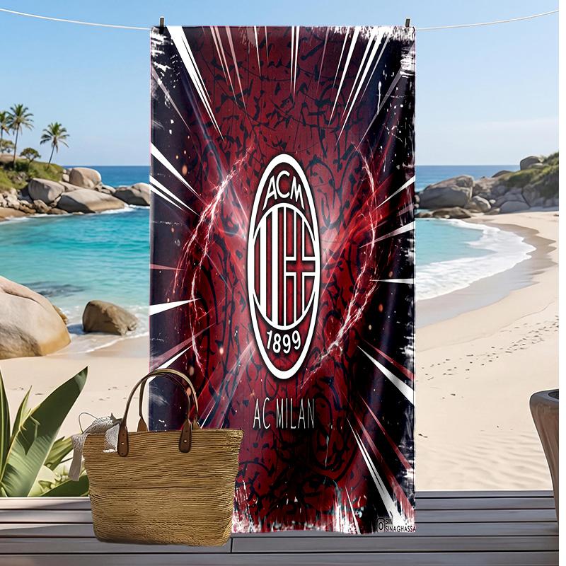 מגבת חוף מודפסת AC Milan, מגבת רכה מתייבשת במהירות, שמיכת חוף מלבנית גדולה ניידת לנסיעות, בריכה