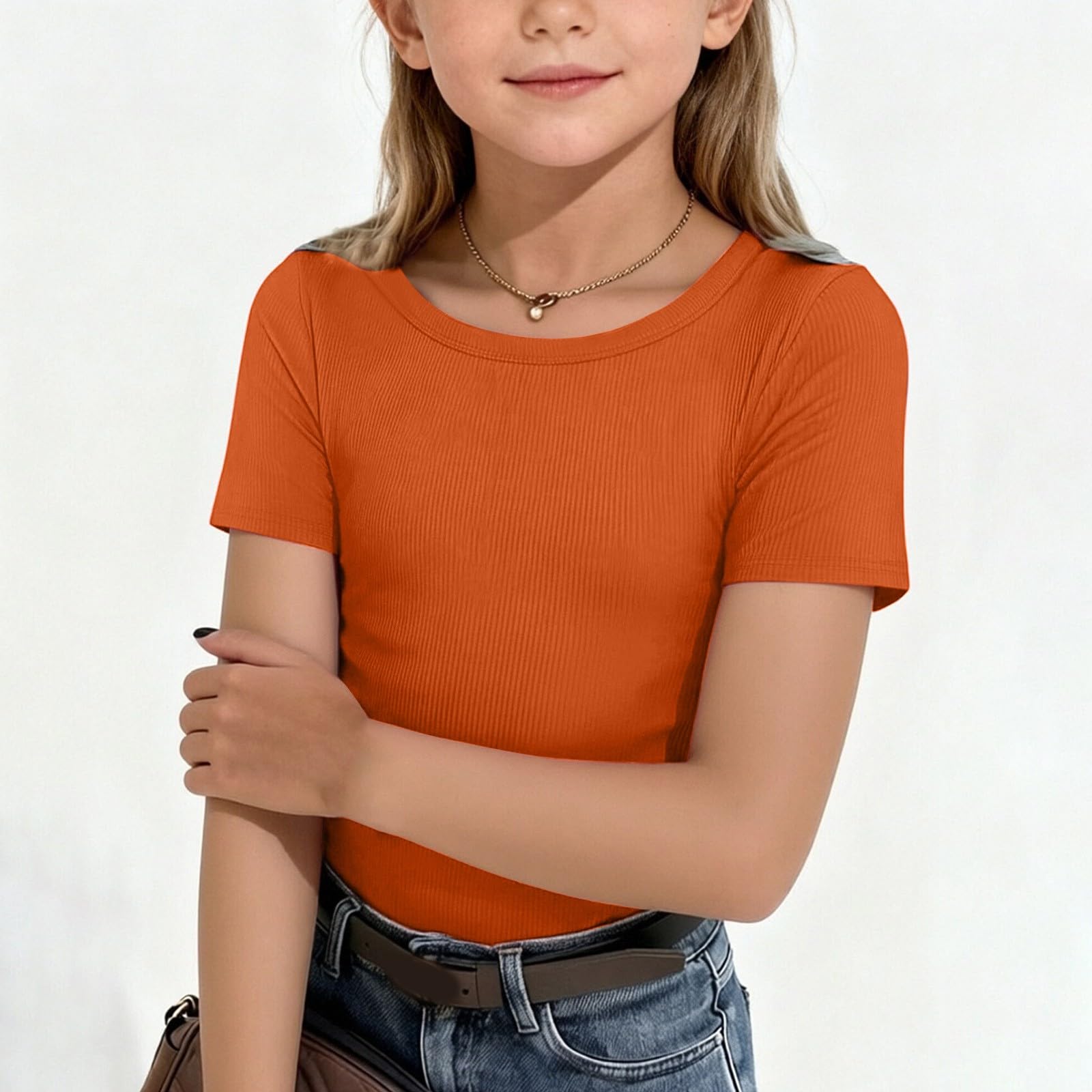 

Girls Short Sleeve Ribbed Knit T Shirt Crew Neck Soft Stretchy Basic Top for Kids Casual Everyday Wear 140 оранжевый