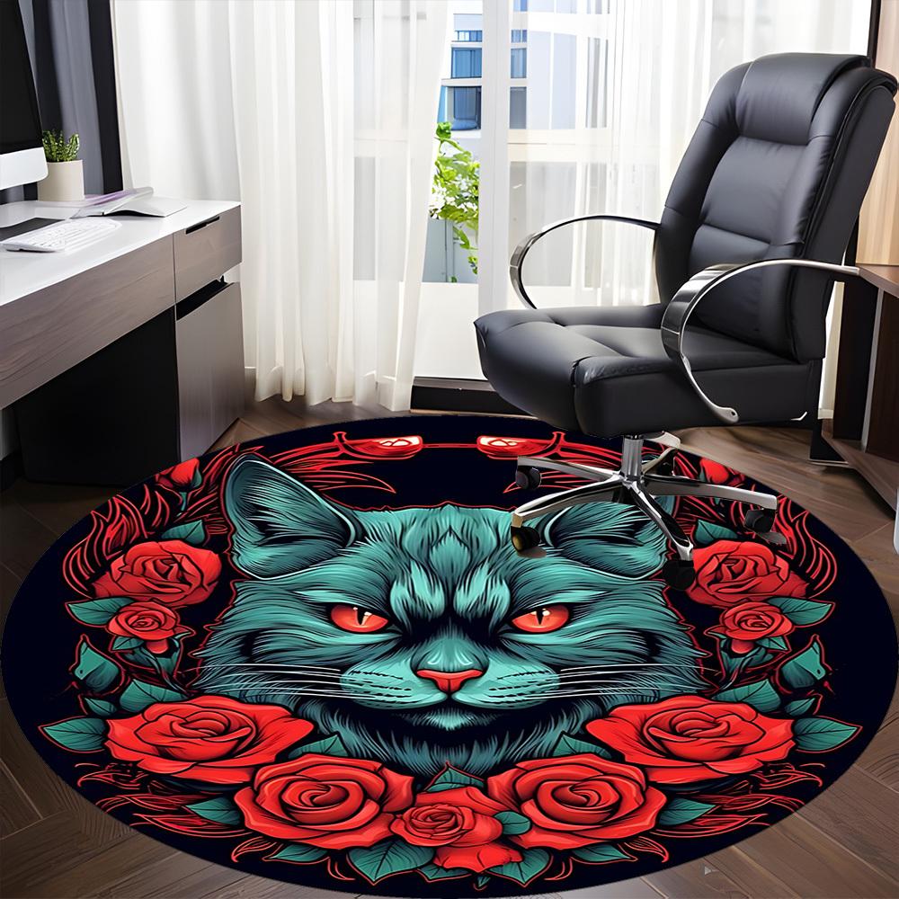 1 Stück Katzen-Rosen-Design, rundes Büroteppich, rutschfest, weich und langlebig, Büroteppich für Innendekoration, perfekt für das Büro