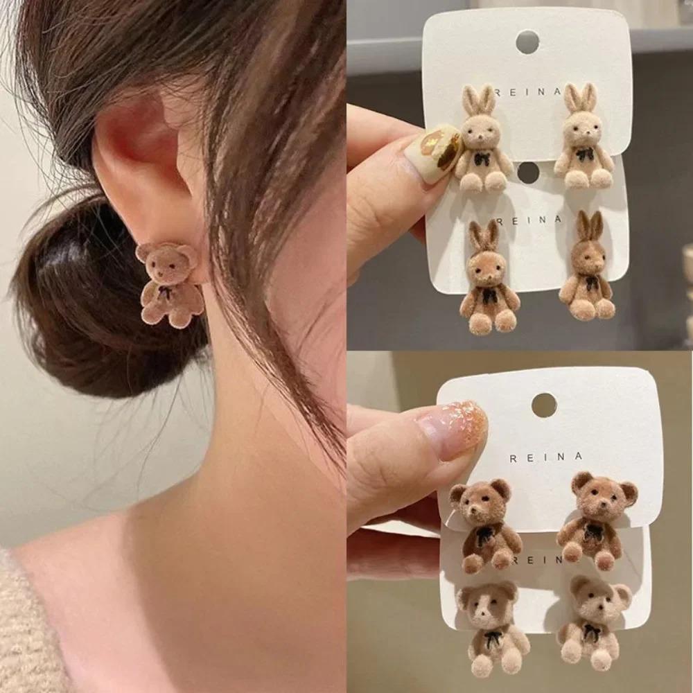 Süße Beflockte Plüsch Hasen Bären Steckerohrringe Kawaii Braun Khaki Tier Ohrringe Für Frauen Mädchen Koreanischer Ohrring Schmuck