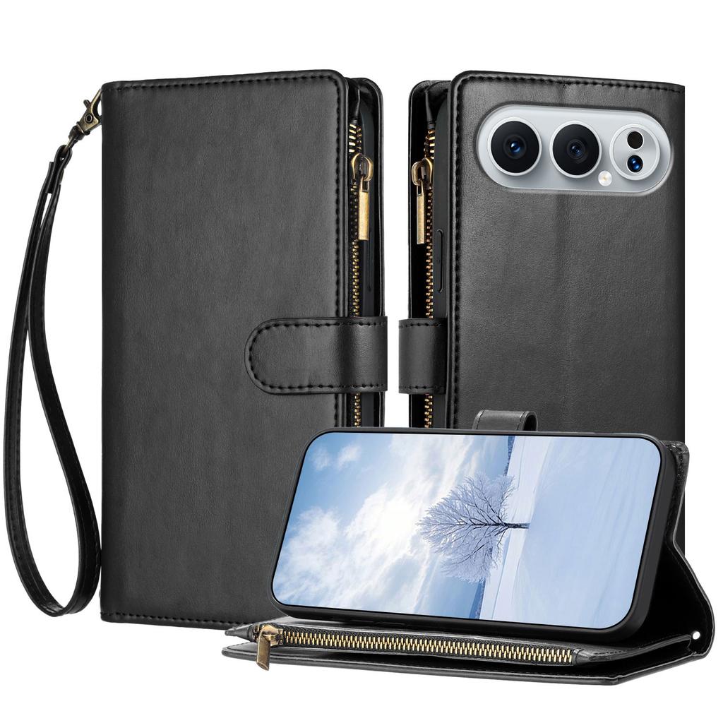 For Honor 500 Pro 5G Leather Case Zipper Wallet Stand Shockproof Phone Cover with Wrist Strap