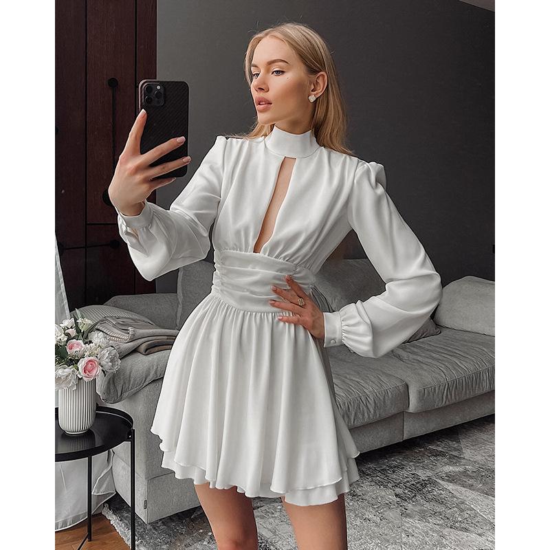 European and American Chiffon New High Neck Long Sleeve High Waist A-Line Dress Fashion Short Dress for Women