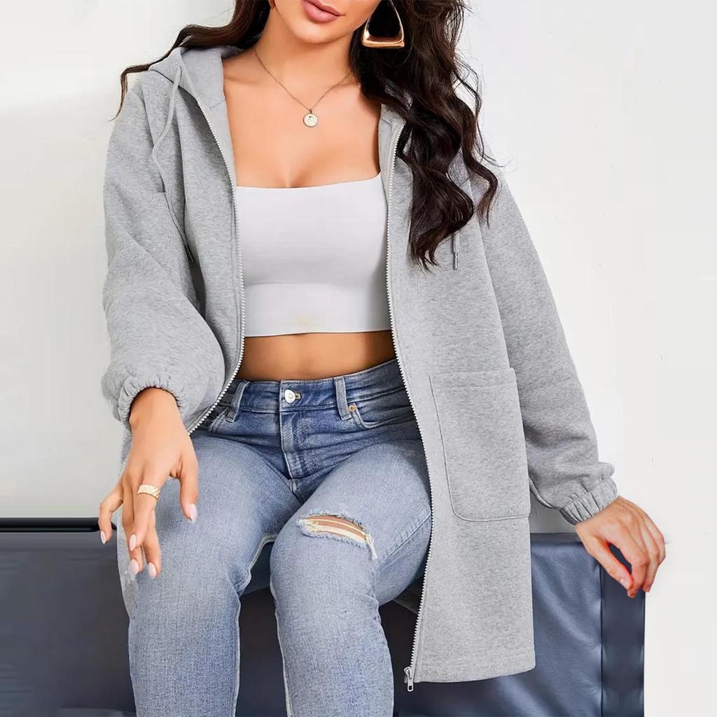 2025 Women's European & American Casual Hooded Long Jacket with Zip Pockets