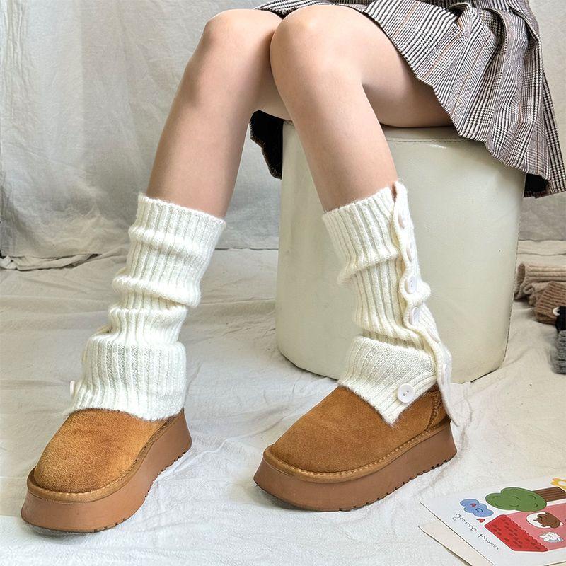Autumn And Winter Side Split Buttons Stacked Socks Cover Women'S Knitted Warm Slightly Wide Legs Middle Tube Pit Strip Thin Calf Cover