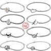 Authentic 925 Sterling Silver Flower Heart T-Bar Basic Snake Chain Bracelets Fit Original Brand Charms Beads DIY Jewelry Women