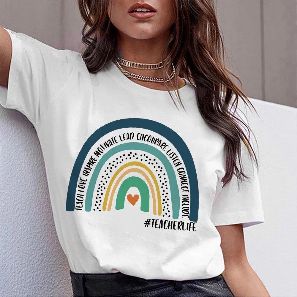 T Shirt For Women 2024 Printed Rainbow Teacher Casual Gift Harajuku Tee Shirts Lady Summer Short Sleeve Tops FeUnisex Unisex Tshirt