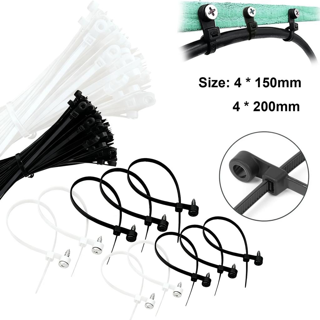 100-400Pcs Screw Hole Cable Ties Nylon Self-Locking Loop 4x150/200MM Wrap Bundle Mount Organizer Fastening Straps Fasten Zip tie