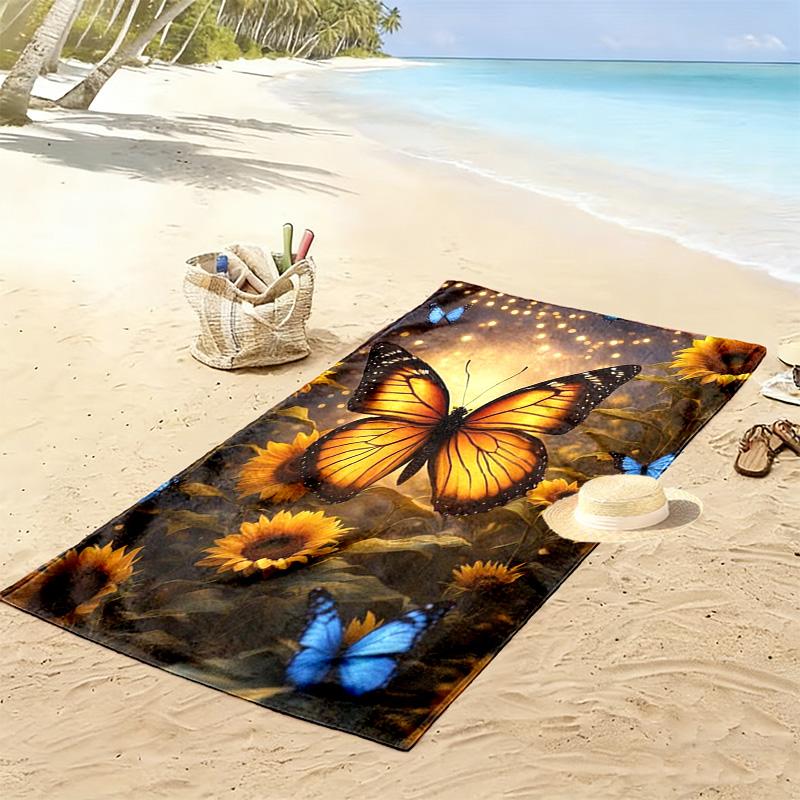 Sunflower and Butterfly 2D Flat Print Beach Towel, Large Soft Quick Dry Towel for Beach Camping Swimming.MSTJ0918517