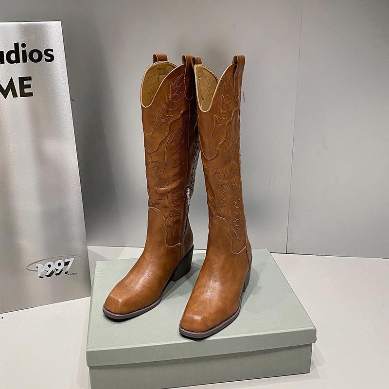 Vintage Square Head Thick Heel Western Cowboy Boots Women's 2025 New V-mouth Embroidered Knight Boots Side Zipper Long Tube Boots