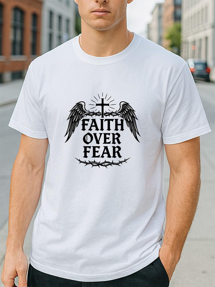 Христианская футболка «Вера превыше страха» Крест с ангельскими крыльями и короной Религиозная футболка Унисекс футболка M